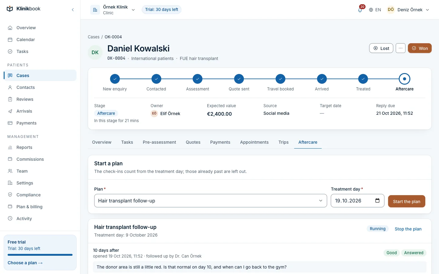 Aftercare tab: Daniel Kowalski's hair transplant follow-up plan; the day-10 check-in answered “good” with a question, the day-30 and day-180 check-ins scheduled.
