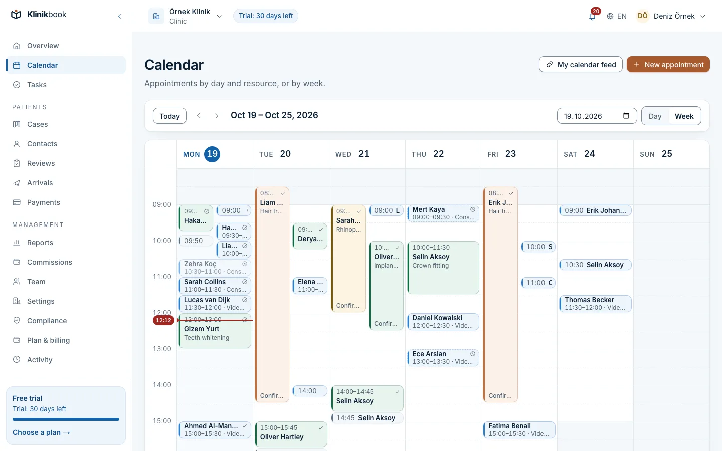 Calendar, week view: consultations, 3D scans, implant, hair transplant and rhinoplasty surgeries and video calls of three practitioners, Monday to Saturday.