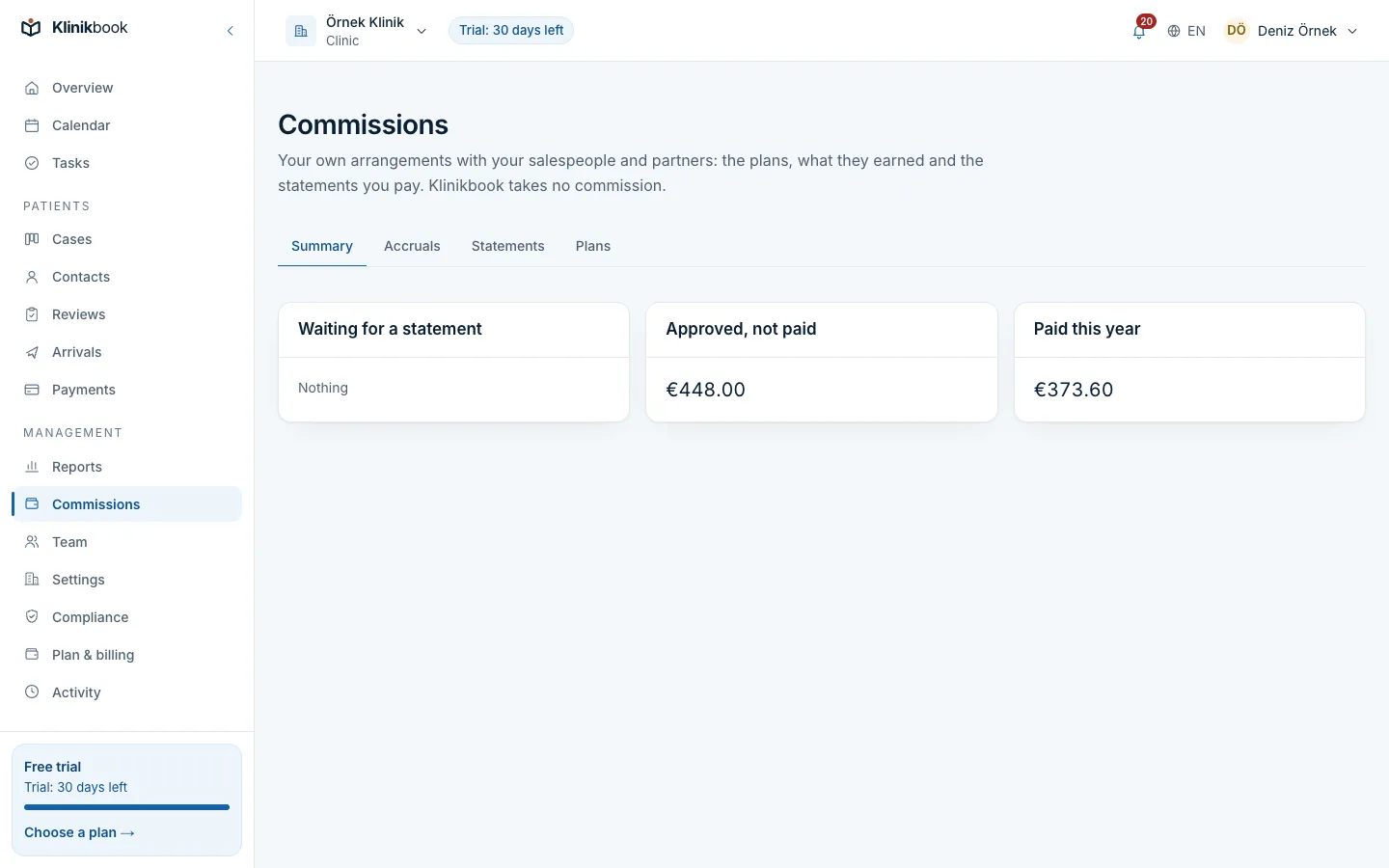 Commissions: the coordinators' and the practitioner's accruals; October statements approved and paid, accruals waiting.