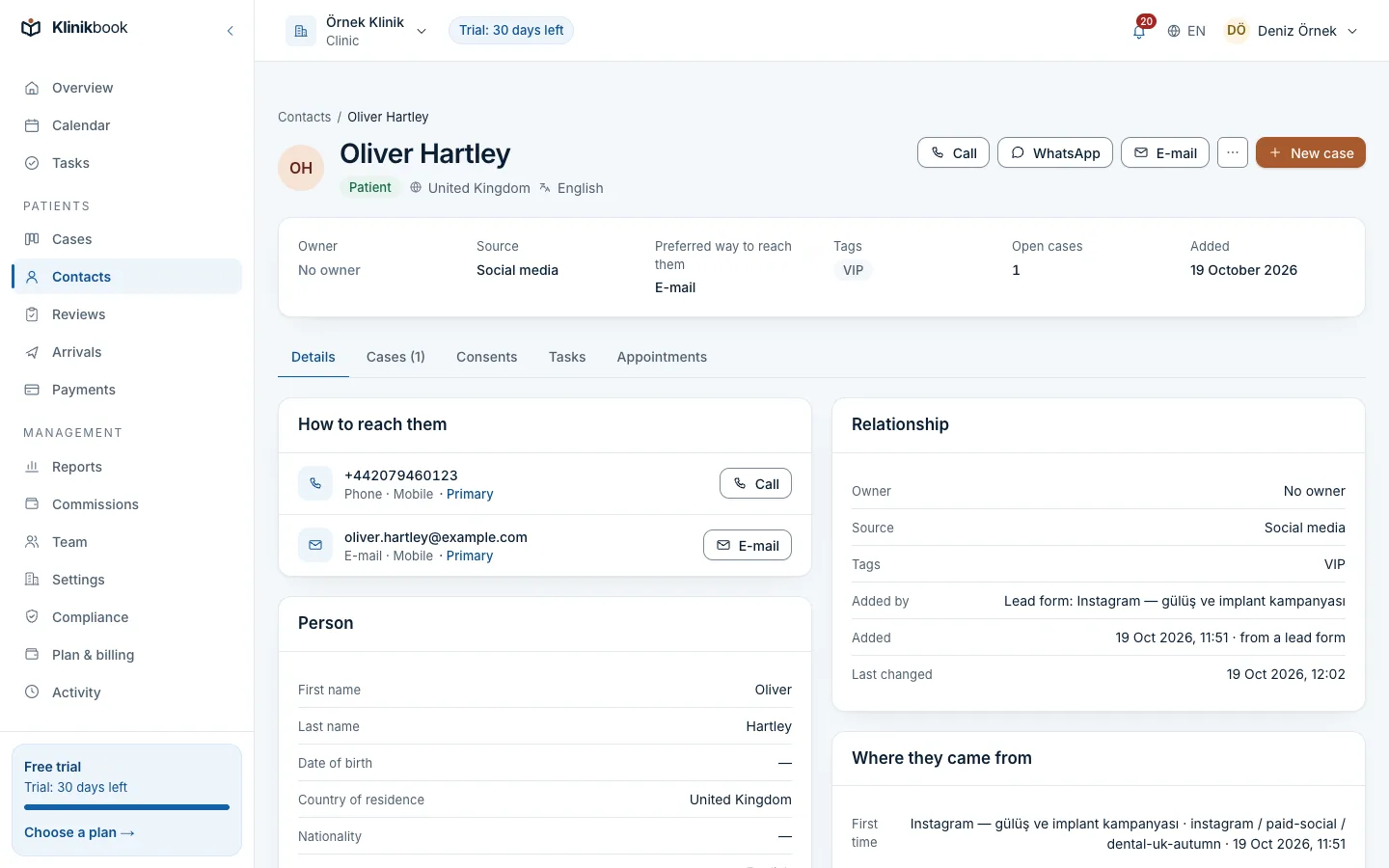 Contact: Oliver Hartley — United Kingdom, English; call, WhatsApp and e-mail; consent records, his case and where he came from (an Instagram campaign).
