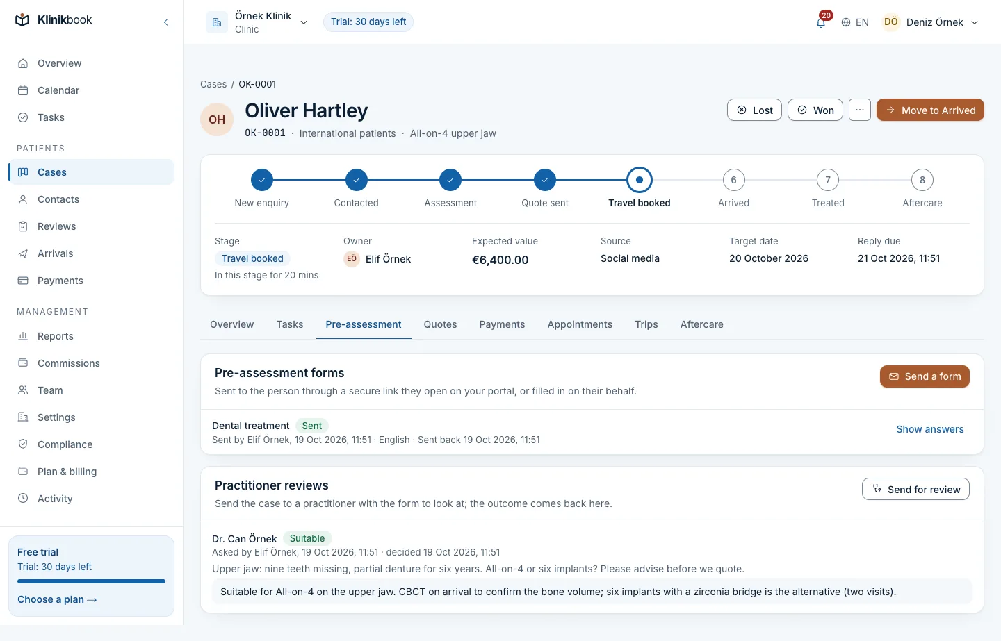 Pre-assessment tab: the dental questionnaire Oliver Hartley filled in on the patient portal, and Dr. Can Örnek's review: suitable for All-on-4.