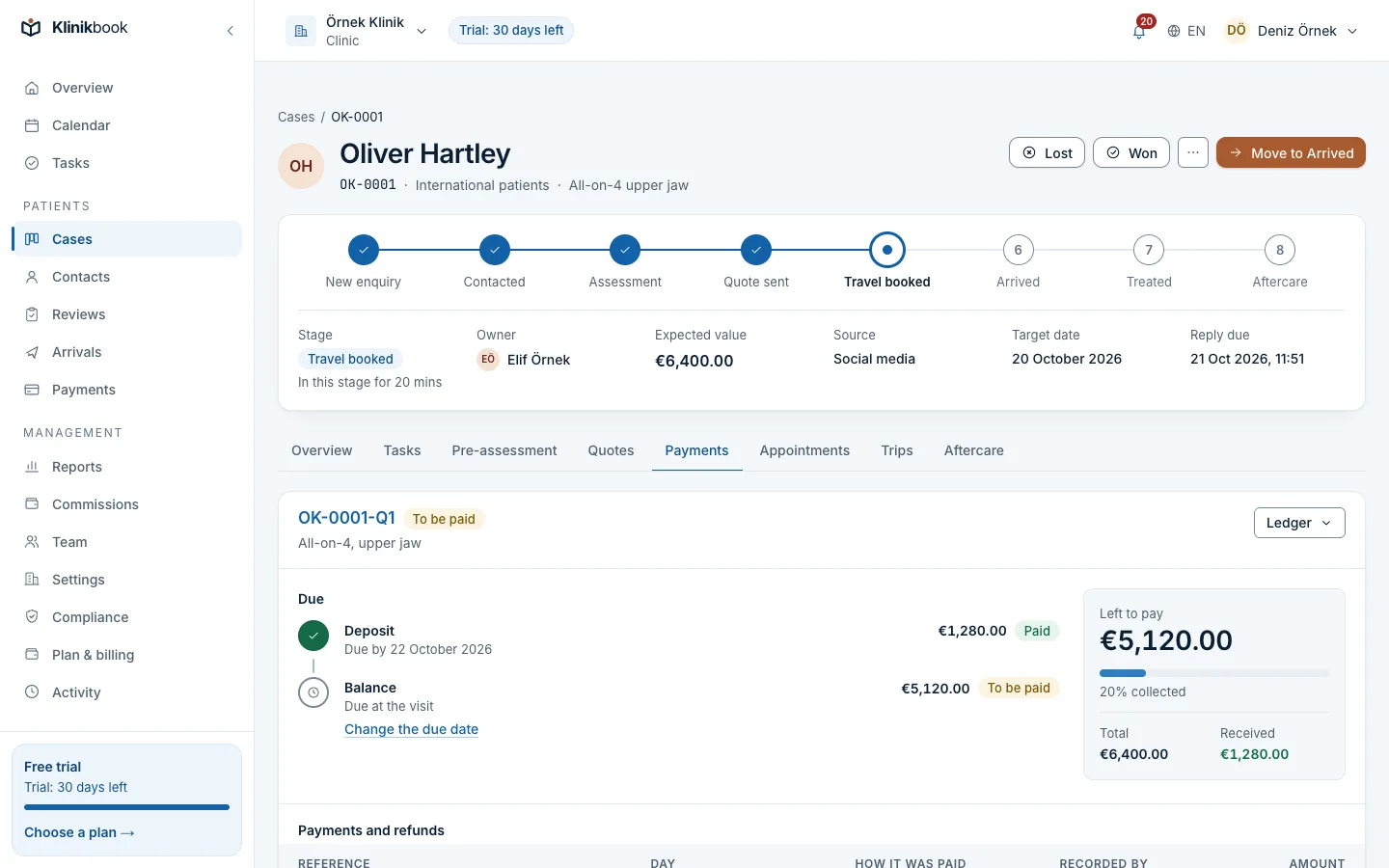 Payments tab: Oliver Hartley's payment schedule — the 1,280 EUR deposit received by bank transfer and the 5,120 EUR balance due at the visit.