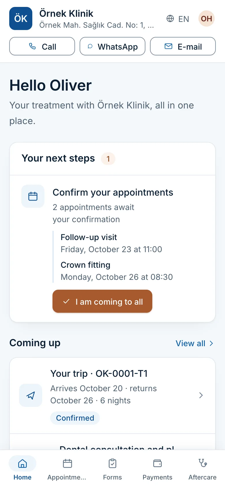 Patient portal on a phone: Oliver Hartley's upcoming appointments, trip, quote and payment schedule at Örnek Klinik.