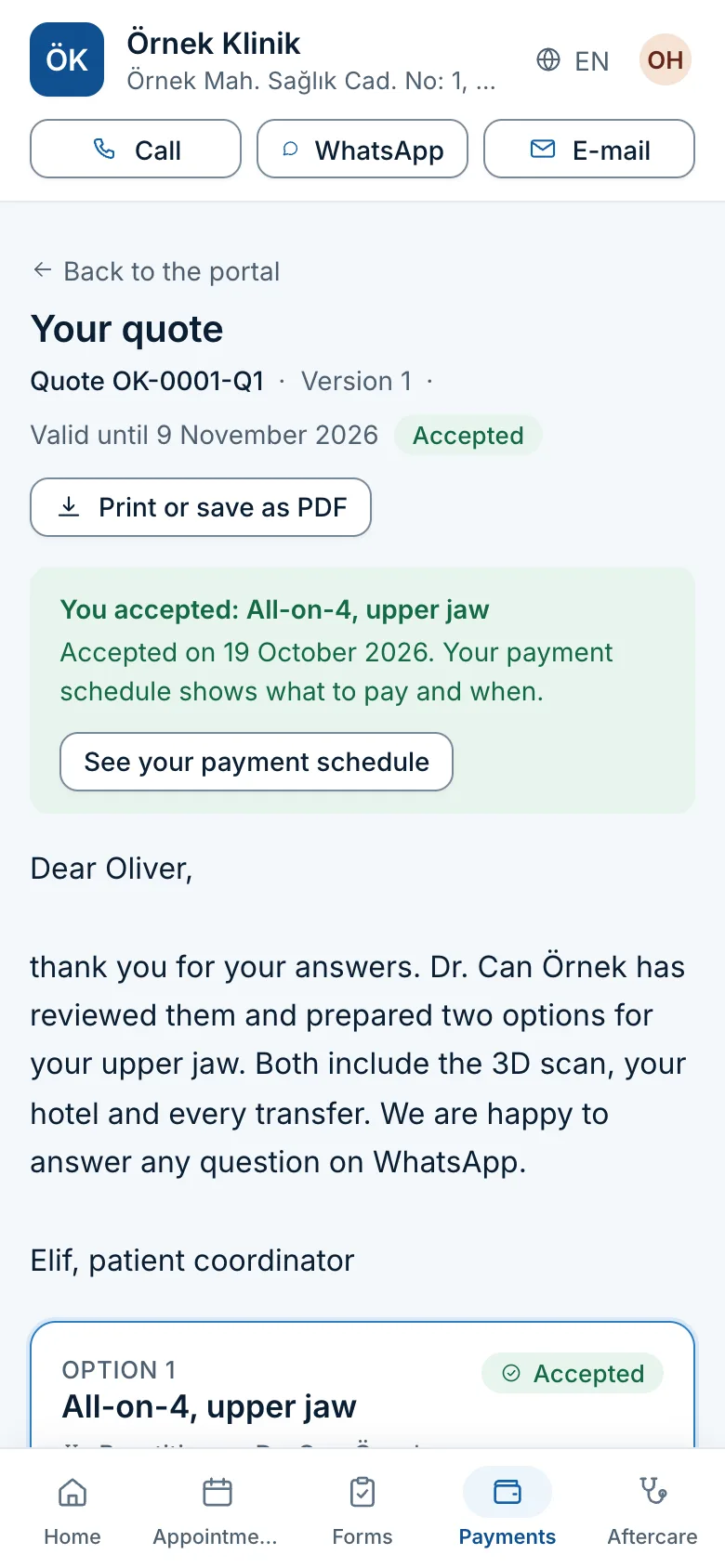 A quote on a phone: the two options side by side, the accepted All-on-4 option and its deposit.