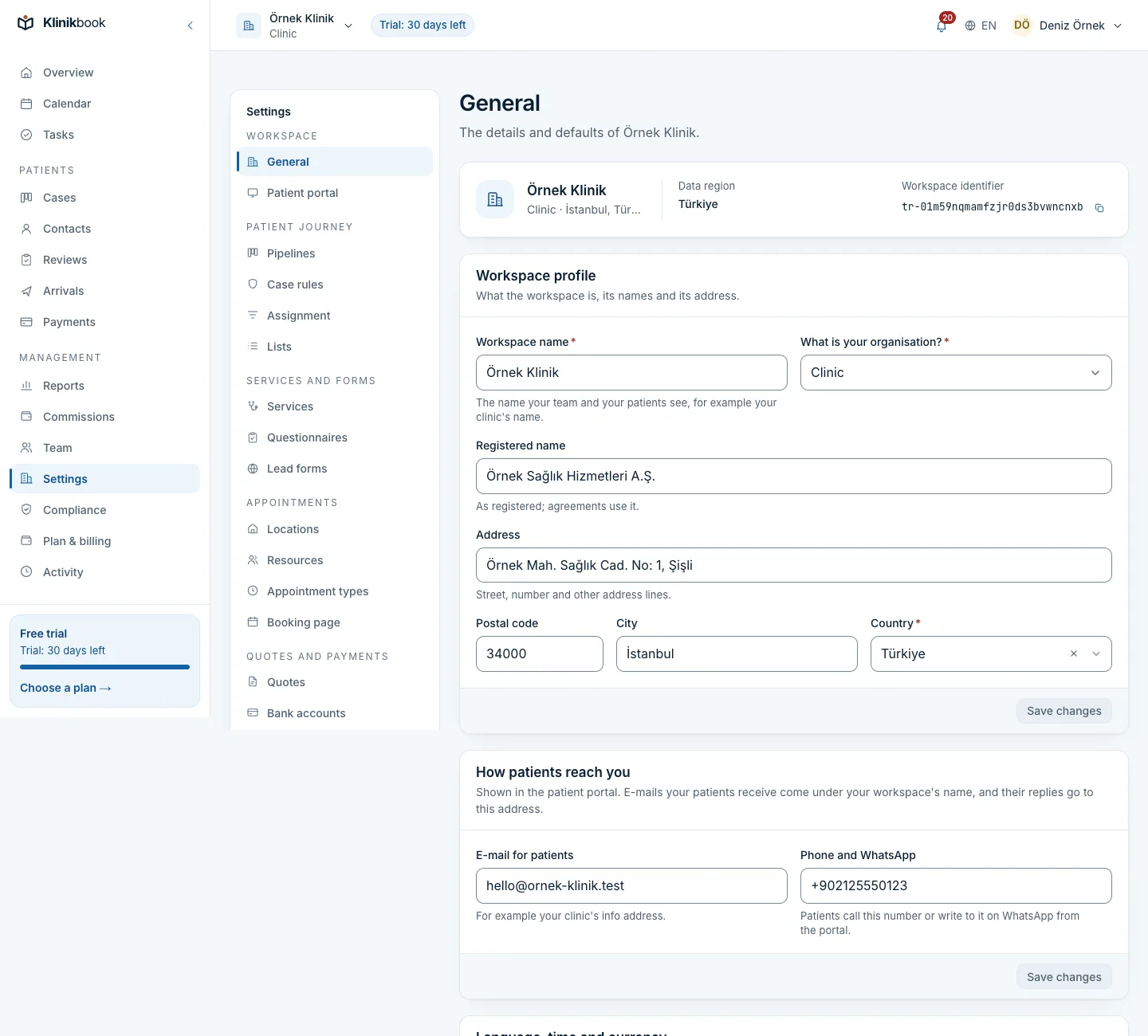 Workspace settings: the profile, the regional defaults and “How patients reach you” — the e-mail address and phone number shown on the portal.